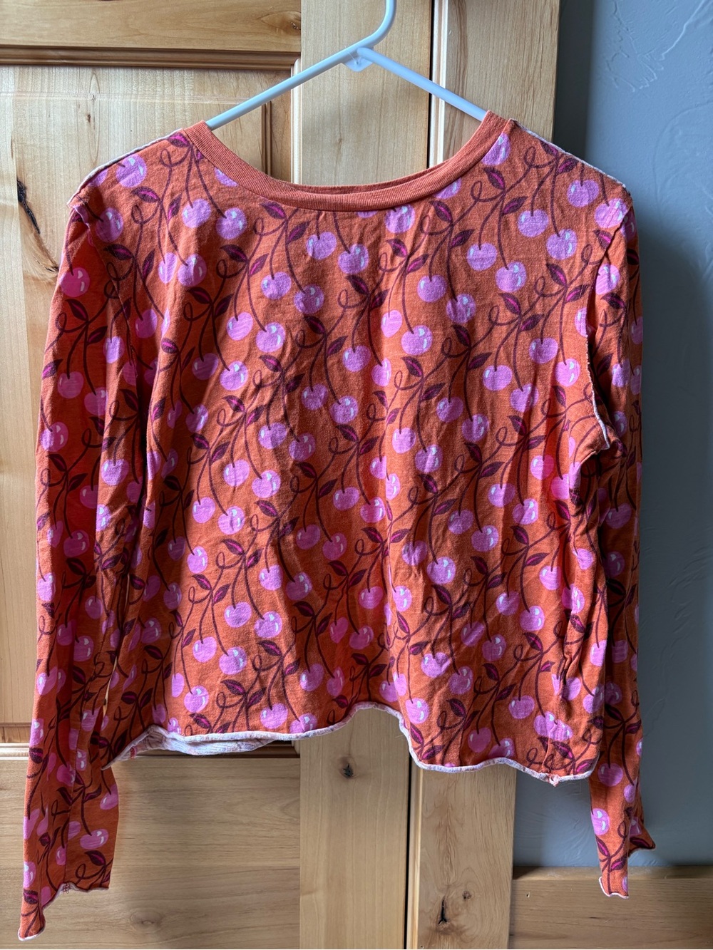 Anthropologie Maeve Cherry Printed Cotton Long Sleeve- cropped fit with raw hem